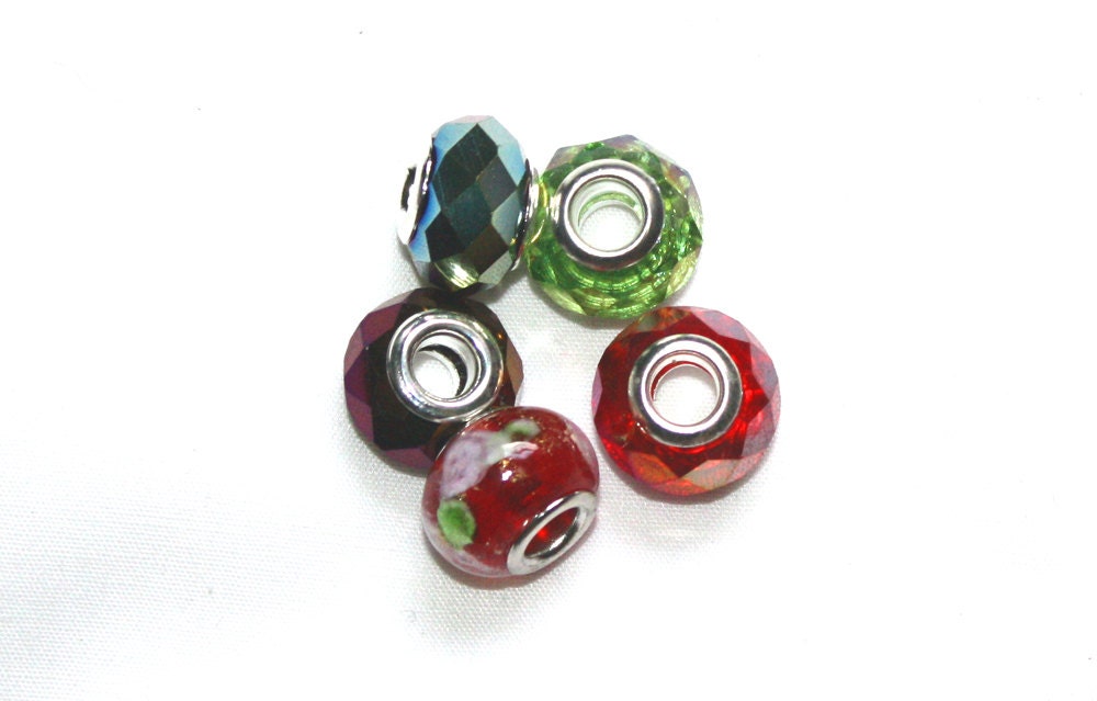 Pandora Style Glass Charm Beads - 5 - Red - Red Floral - AB pale green - AB purple - AB Dark blue