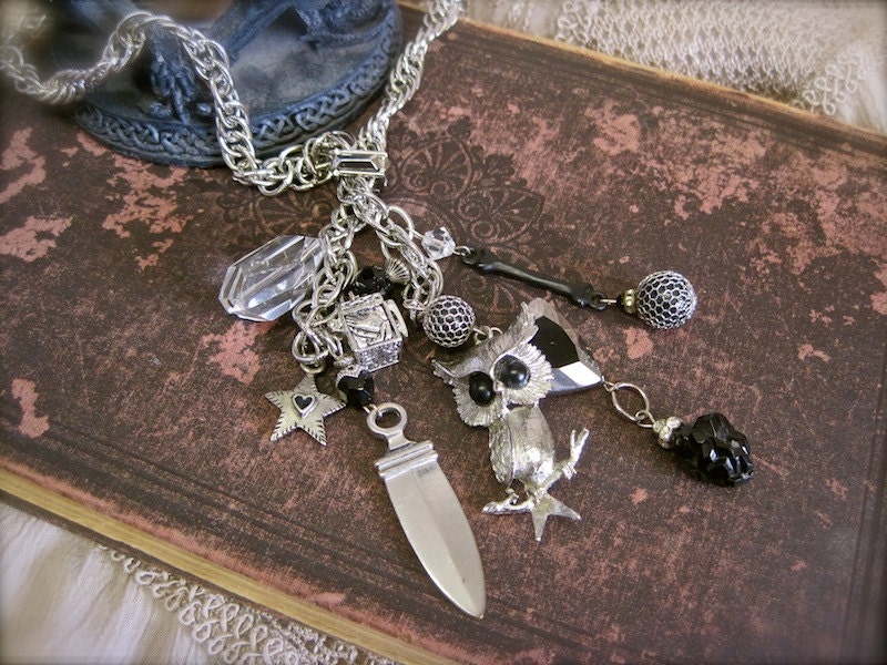I'm Familiar WICCAN Pagan Charm Necklace with Athame Knife OWL Star Secret Box MAGICK
