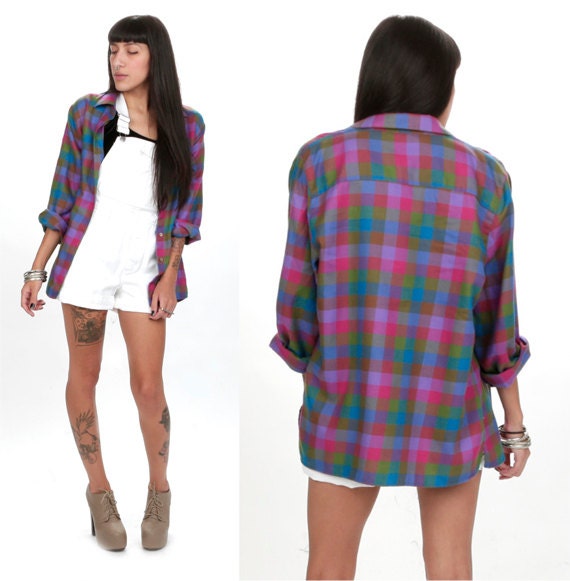 70's Tartan Bold Plaid Oversized Flannel M/L Button Down Pink Purple Shirt