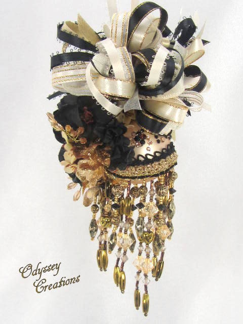 Ebony, Ivory and Gold Victorian Beaded Ornament with Swarovksi Crystals