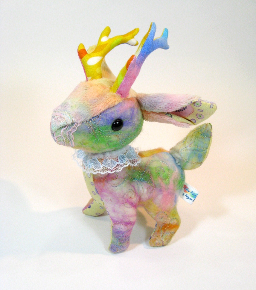 Chibi Deer Artist Plush - 'Circus Buck' - with rainbow freeform stiching