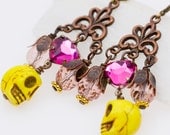 Sexy Day of the Dead Chandelier Earrings with Yellow Skulls & Pink Rhinestone - Handmade by VividColors