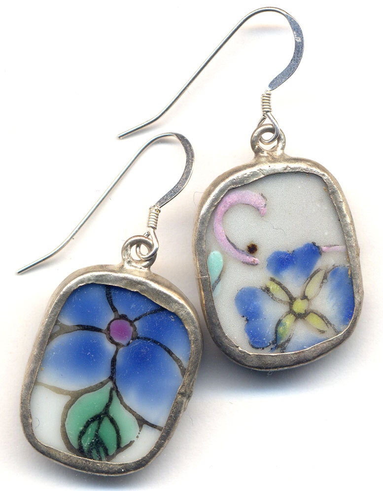 Antique Pottery Earrings in Blue and White on Sterling Silver earrwire SALE
