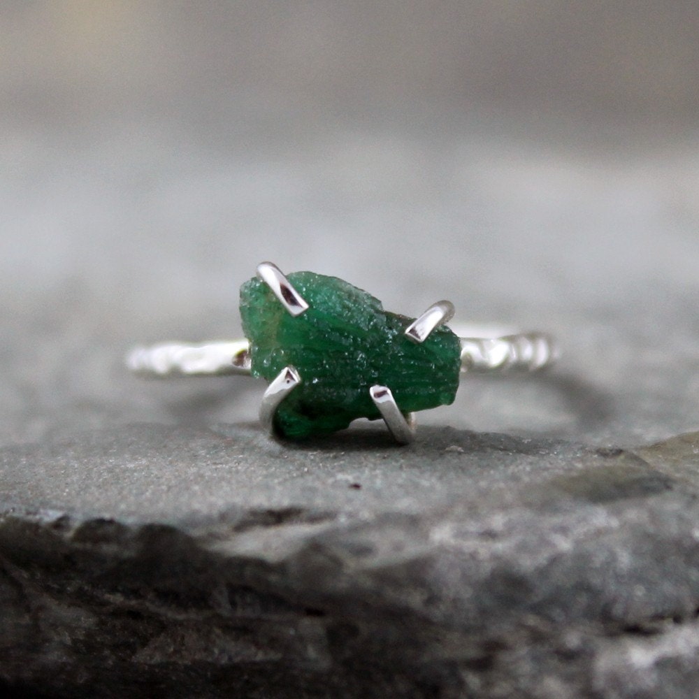 Uncut Raw Rough Green Emerald Ring - Sterling Silver Solitaire - Artisan Jewellery - Handmade and Designed by A Second Time