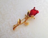 Vintage Red Rose Brooch. Gold Tone Setting. Romantic. Valentine. Love. Floral. Woodland. Beauty and the Beast. Accessory. 1970s.