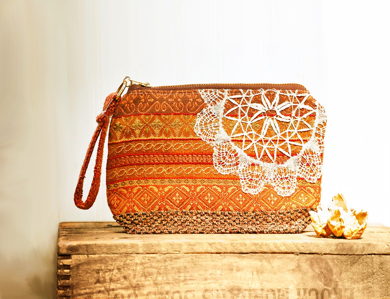 Autumn Splendor Keepsake Bag .. repurposed chenille tapestry uphostery russet pumpkin chestnut cranberry teracotta chocolate
