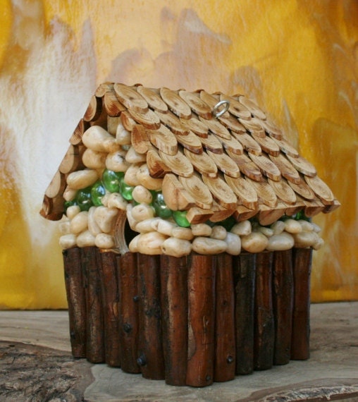 Cottage Style  Birdhouse White Rocks, Pine Shingle Roof
