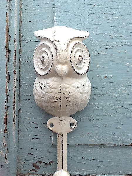 Cast Iron Owl Hook, Wall Decor, Farmhouse Style, Creamy White, Summer Aqua, Melon Green