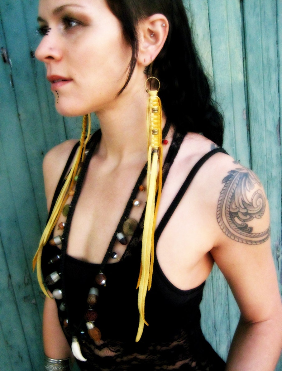 Urban Priestess v.2 . Recycled Leather Macrame Fringe Earrings . 13-15" . Saffron - ironandfire