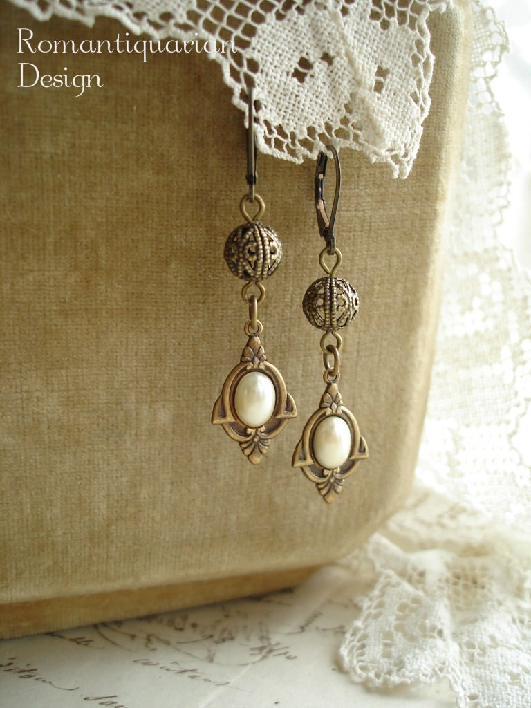 DECO DROPS - Art Deco Earrings. Antiqued Brass, Vintage Ivory Glass Pearls, Filigree Beads. Rustic Romantic Vintage Assemblage Jewelry.