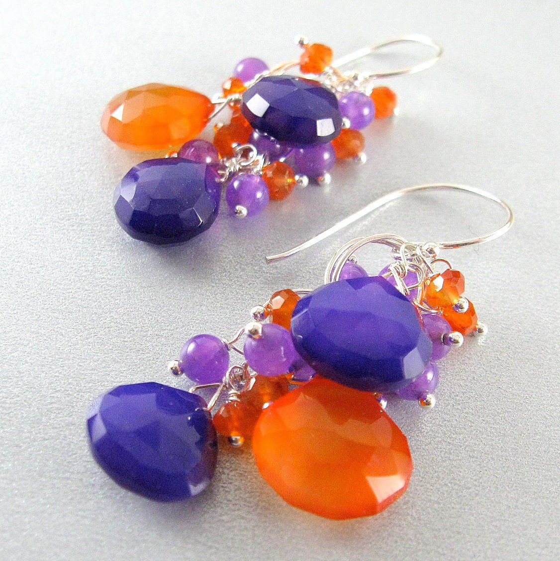 Purple and Orange Sterling Earrings, Chalcedony and Carnelian