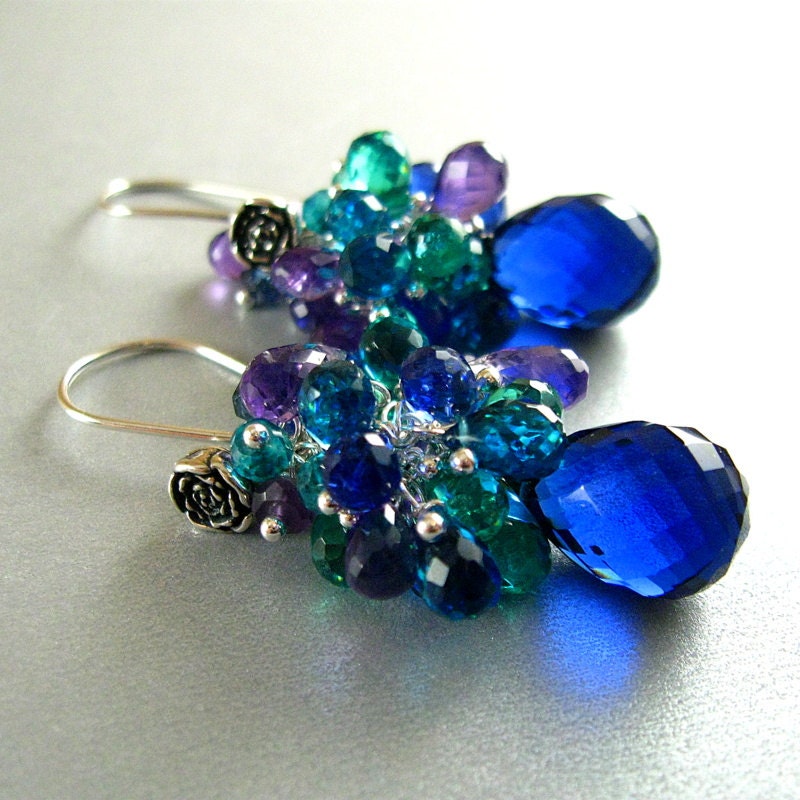 Blue Quartz Gemstone Sterling Wire Wrapped Cluster Earrings
