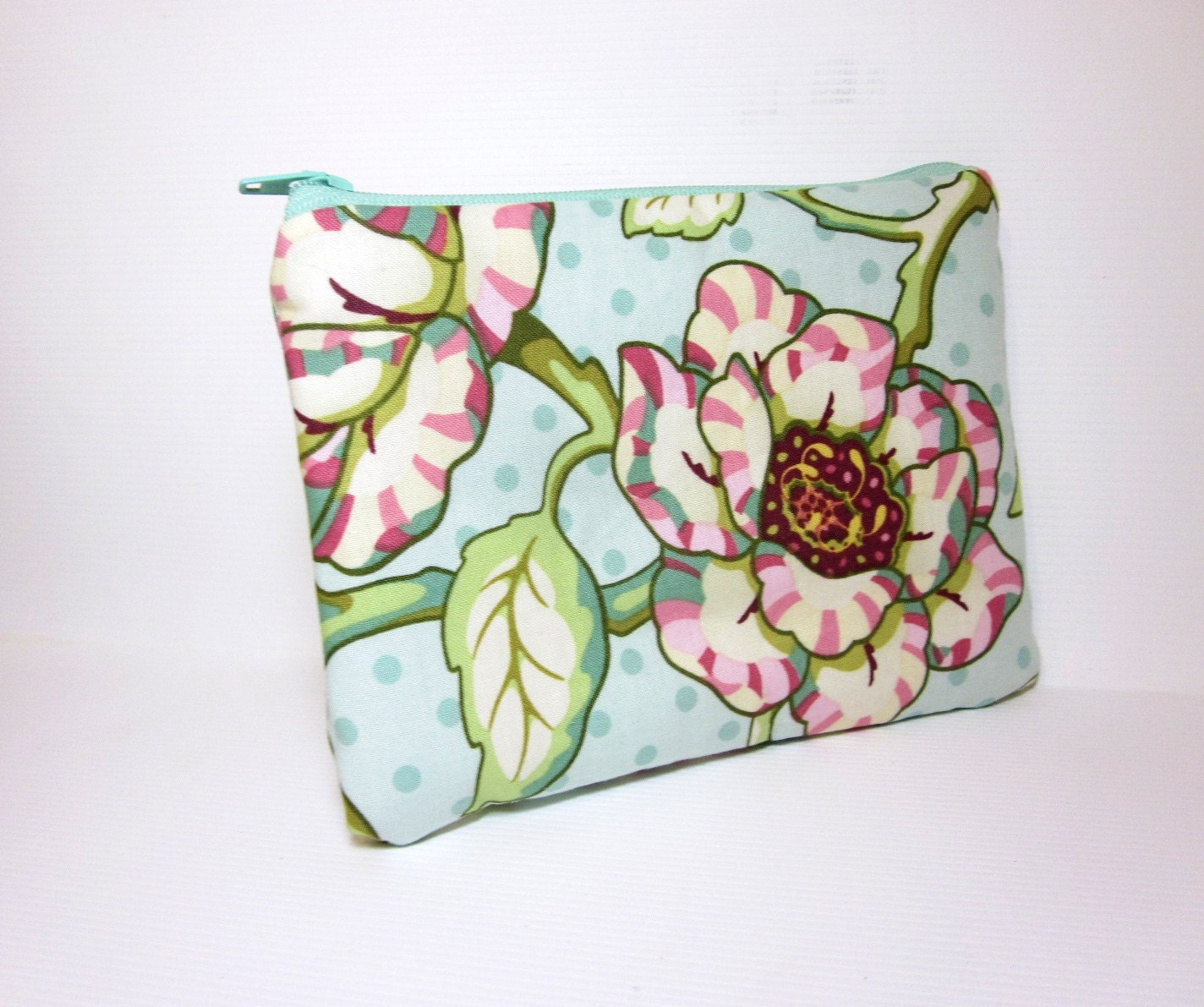 Small Cotton Zipper Pouch Mint Floral Print