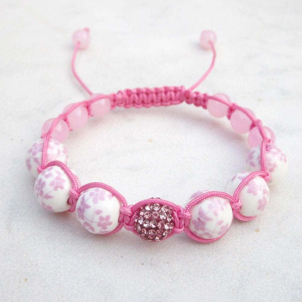 Rhinestone bracelet porcelain macrame bracelet beaded stack jewelry pink
