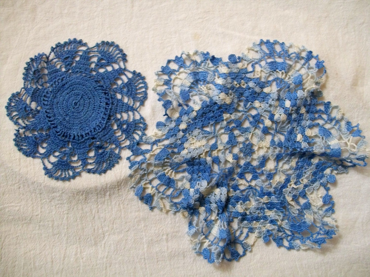 Vintage Crocheted Doily, Shabby Chic, Blue Doily, Crocheted Doilies, Set of Doilies