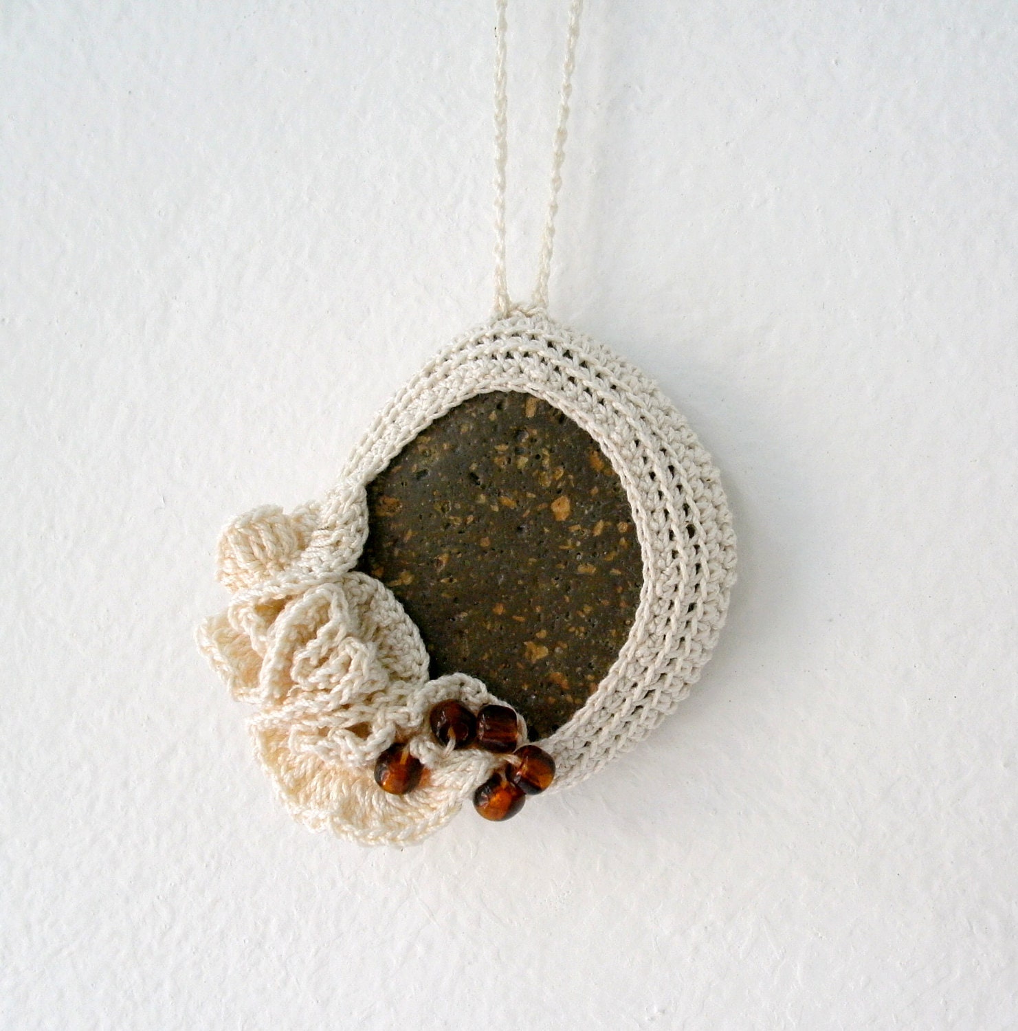 Crochet Stone Necklace - Crochet Jewelry - Lace Stone Necklace - Beach Stone Pendant - Beach Wedding Necklace - Ruffles Necklace