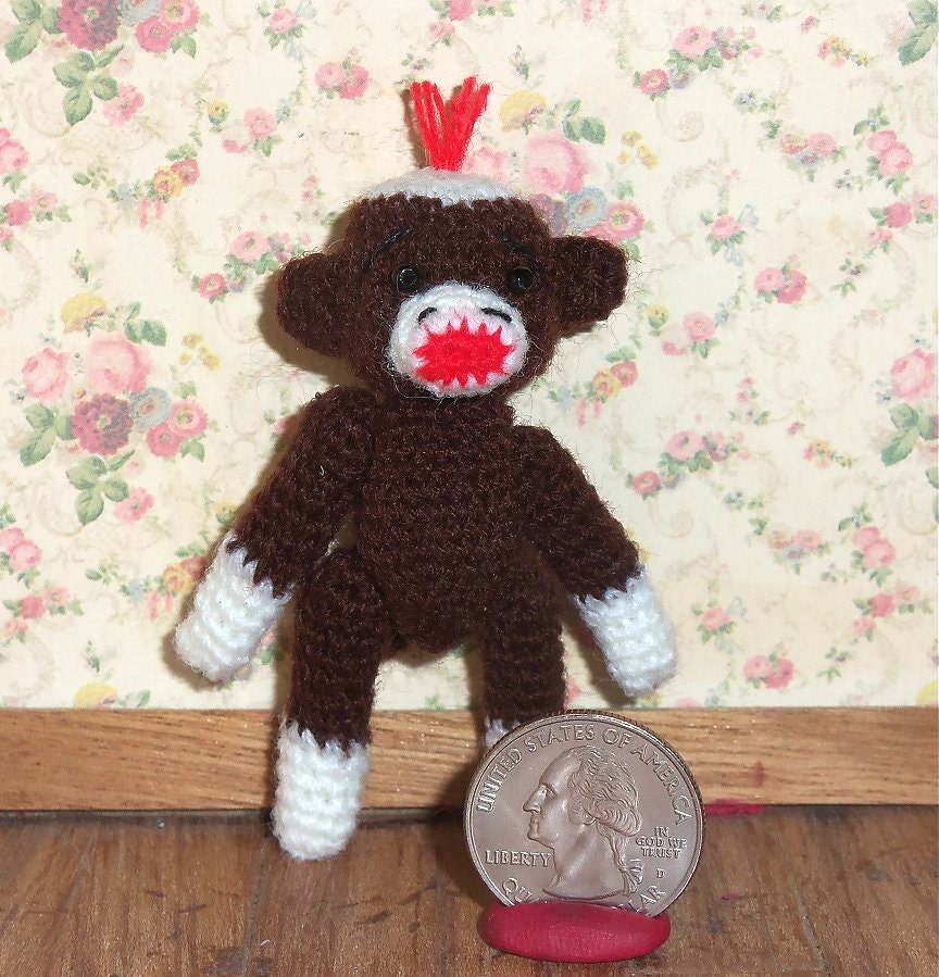 Sock Monkey Miniature Brown Thread Artist Crochet Ready to Ship