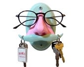 Wall Hanging Nose Eyeglass Holder, Sculpture, Key Hook Moustache, unusual, pink and  green