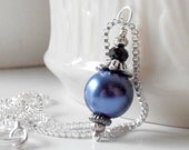 Weddings, Bridal, Bridesmaid Jewelry, Midnight Blue Pearl Pendant Necklace, Vintage Style Antiqued Silver, Handmade Jewelry