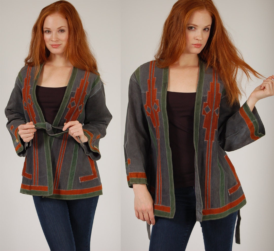 Vintage 70s SOUTHWESTERN Suede Jacket Leather Tribal Coat
