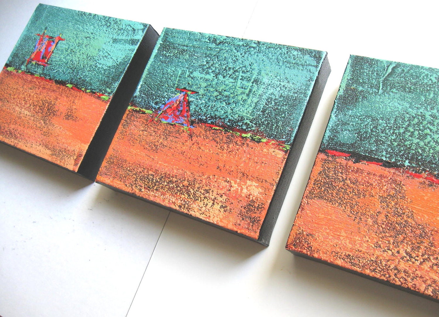 Turquoise Acrylic Abstract Paintings Original Triptych on Canvas SALE
