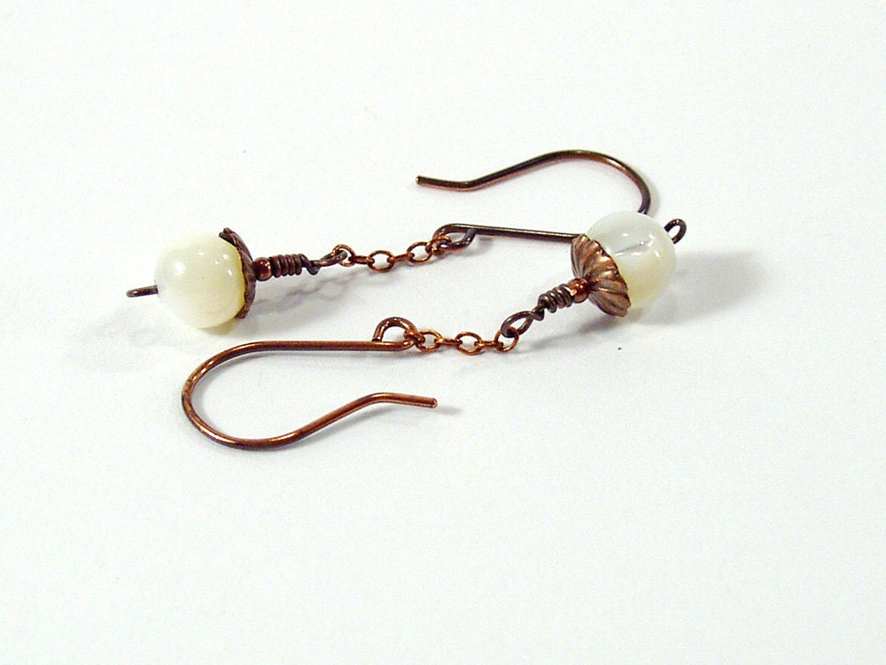 Chain Drop Earrings, Mother of Pearl, Oxidized Copper, Artisan Jewellery