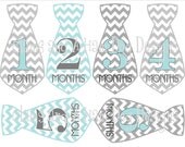 Monthly onesie stickers- Boys aqua blue and gray chevron neckties- baby boy monthly bodysuit onesie sticker decals- great baby shower gift