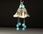 Vintage Style Bead Dangles Antiqued Silver and Turquoise Flower Pair MT57