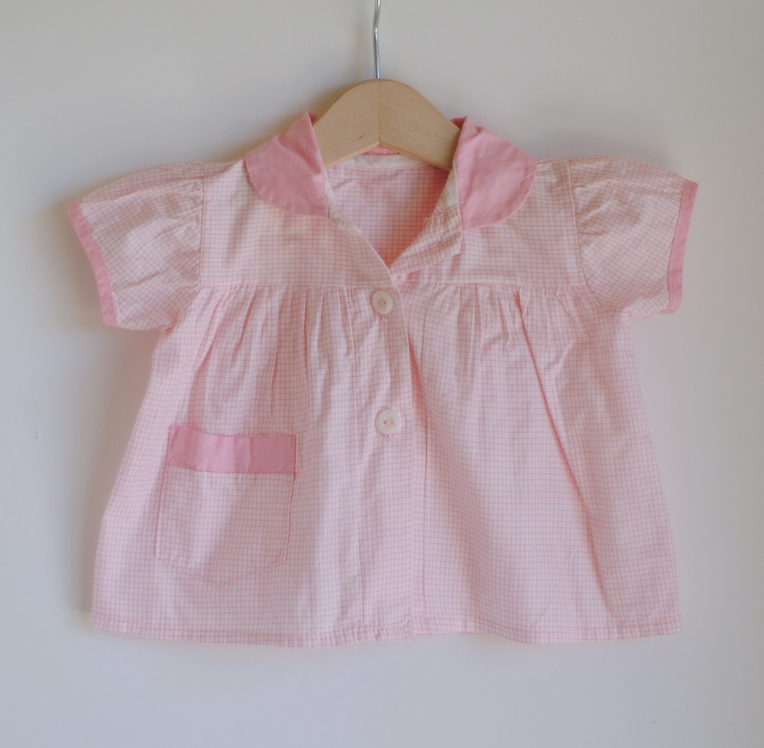 Vintage 1960's Baby Girl Shirt - Pink Plaid Peter Pan Collar (6m)
