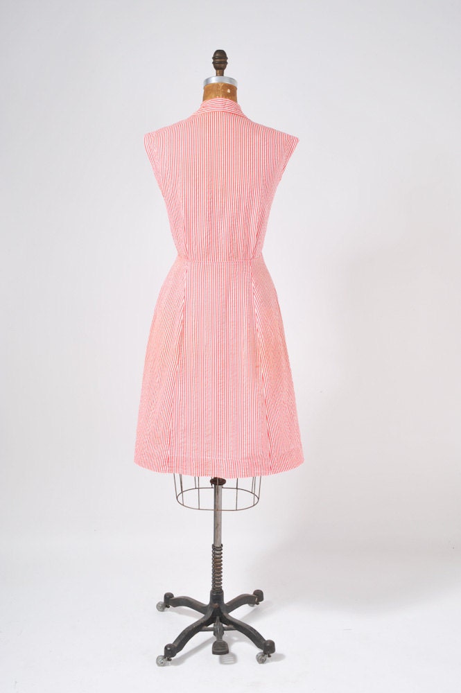 1940's Candy Striper Dress - Red and White Striped Cotton Shirtdress
