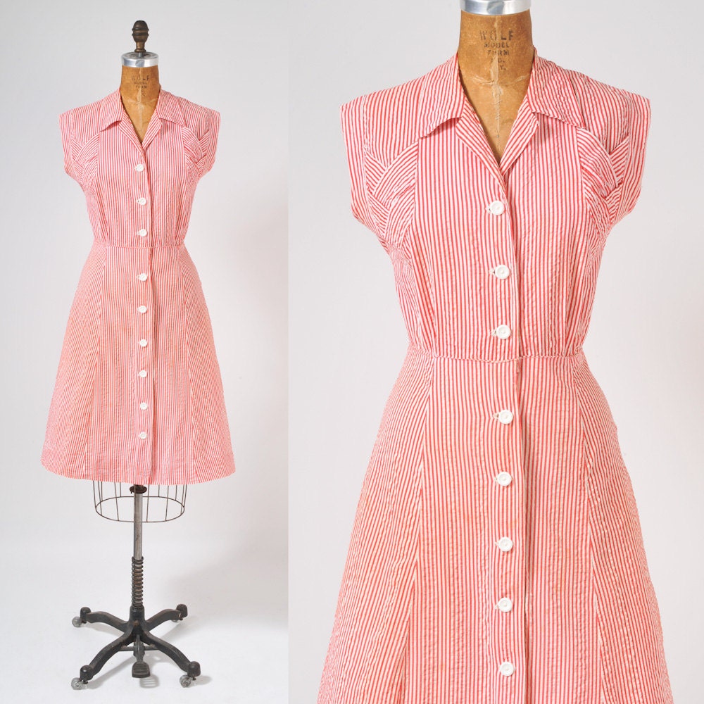 1940's Candy Striper Dress - Red and White Striped Cotton Shirtdress