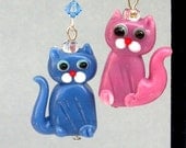Blue and mauve cat earrings, lampwork glass, mismatched