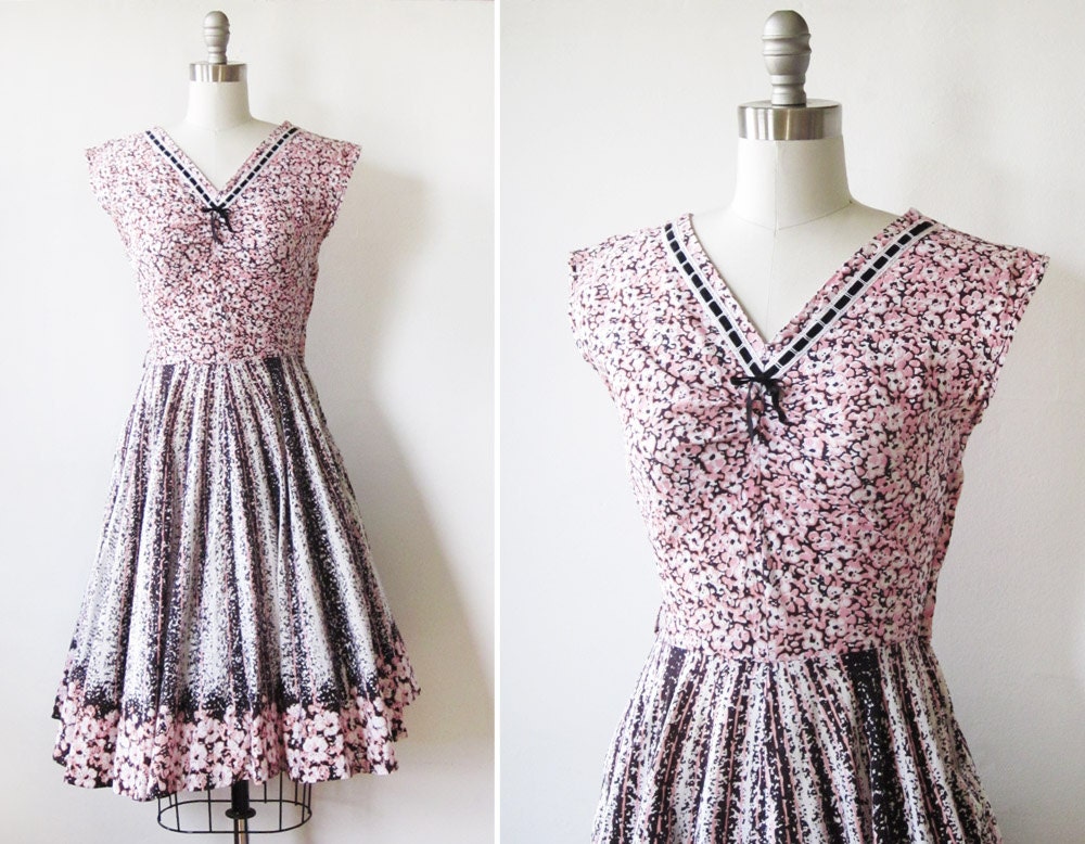 vintage 1950s dress /  1950s party dress / 50s black and pink floral dress