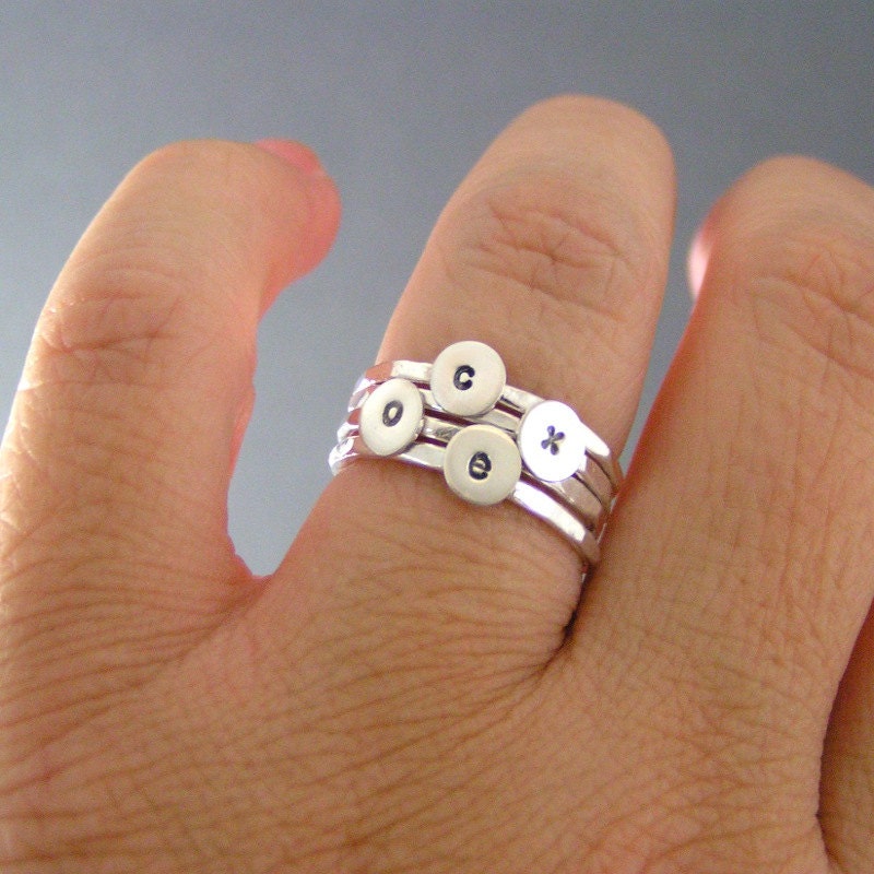 Custom Initial Rings, Personalized Set Of 4 Mothers Stack Initial Rings, Sterling Silver Rings