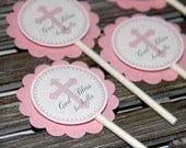 Personalized Pink Christening or Baby Baptism Cupcake Toppers