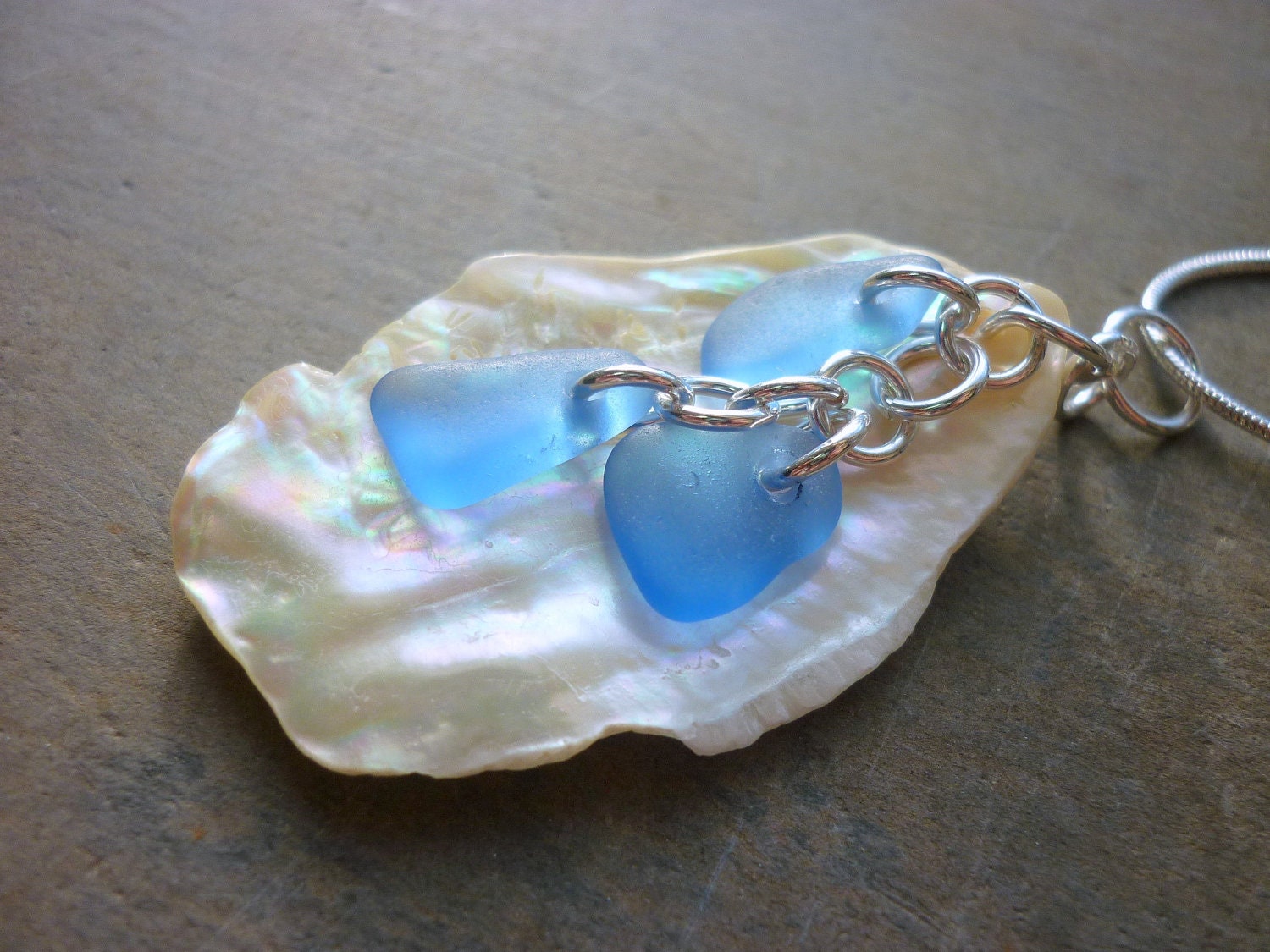 Sea Glass Necklace - Cobalt Blue Beach Seaglass Mother Pearl