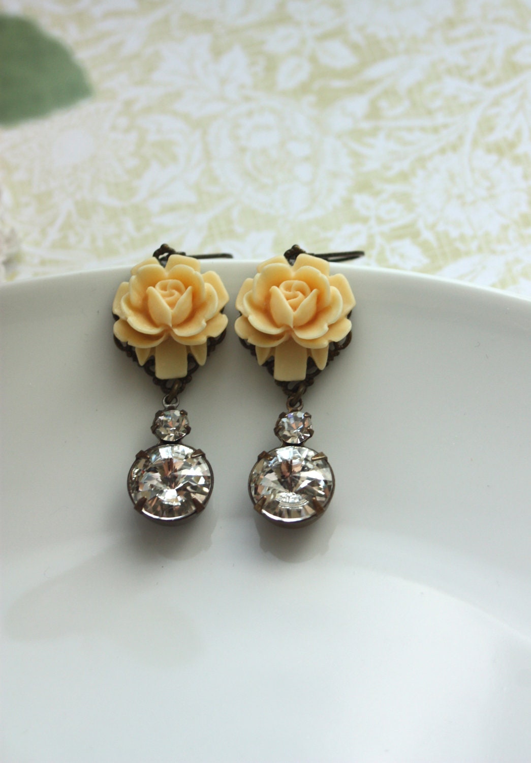 An Ivory, Light Yellow Rose, Estate Style Two Jewel, Rhinestone Jewel Earrings. Wedding. Bridesmaid Earrings. Bride. Maid of Honor.