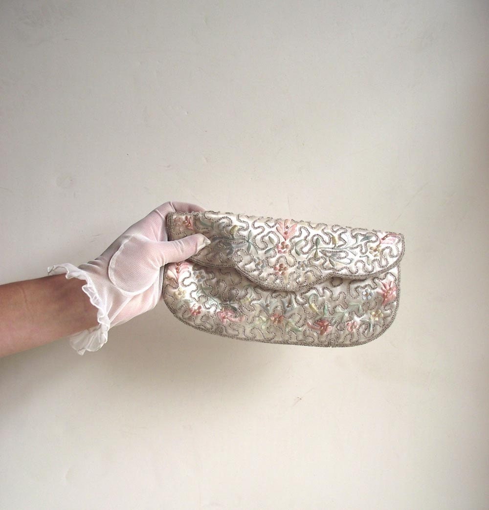 Vintage 60s Clutch. Beaded Embroidered Satin Clutch. Handmade in Japan.