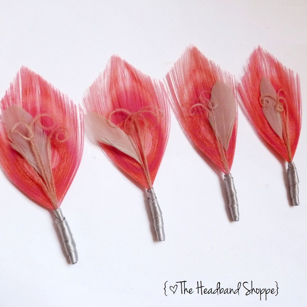 CORAL BOUTONNIERE - Coral Blush Pink and Grey Peacock Feather Boutonniere for the Groomsmen