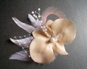 Prom, wedding peach color orchid hair clip white feathers pearls pink peach hair clip orchid head piece pearl spray vintage inspired garden