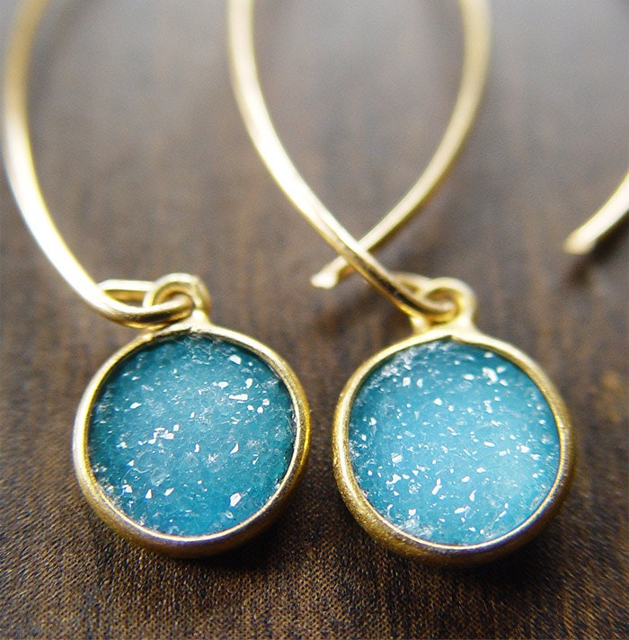 Round Blue Druzy Earrings 14k Gold