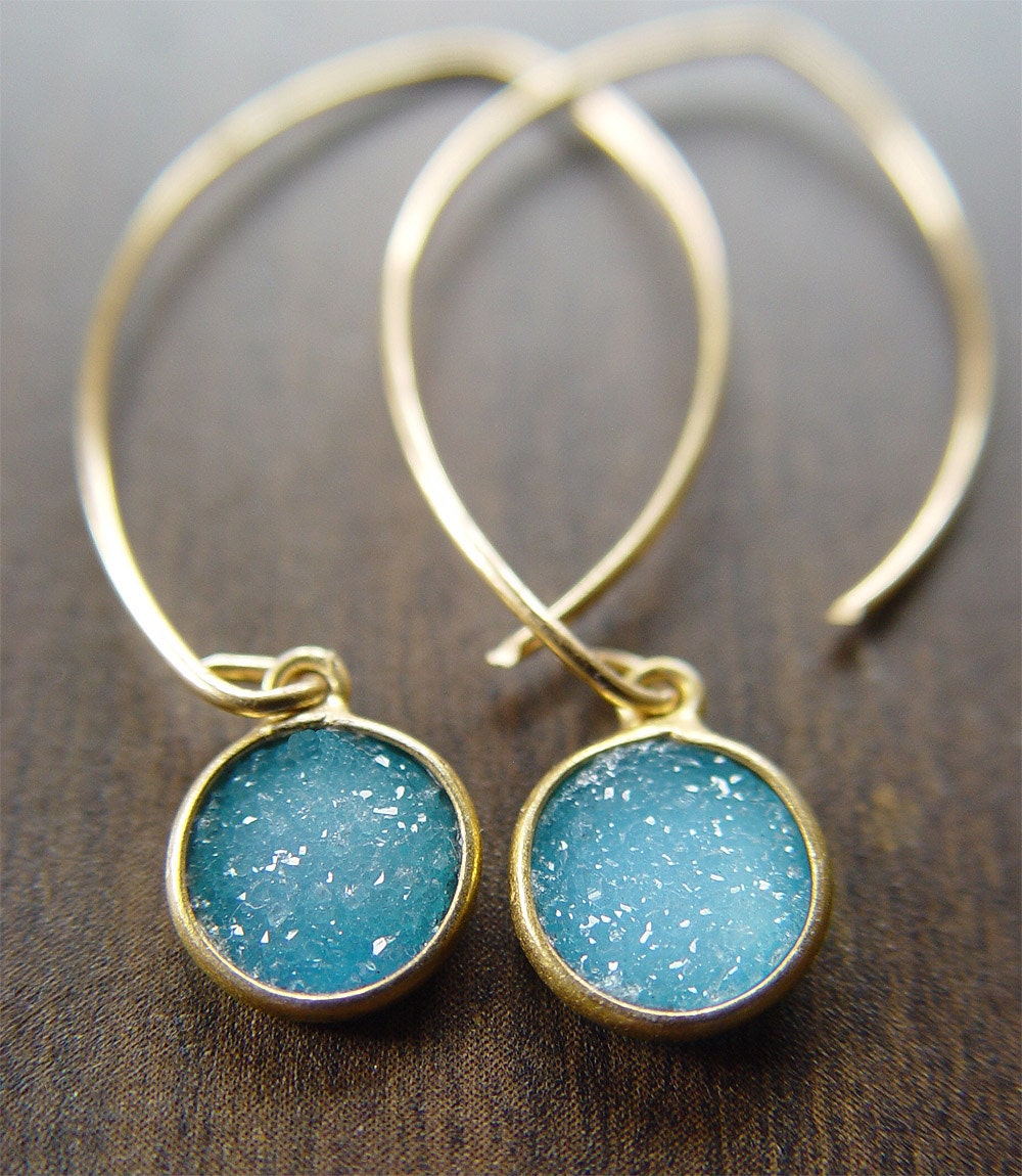 Round Blue Druzy Earrings 14k Gold