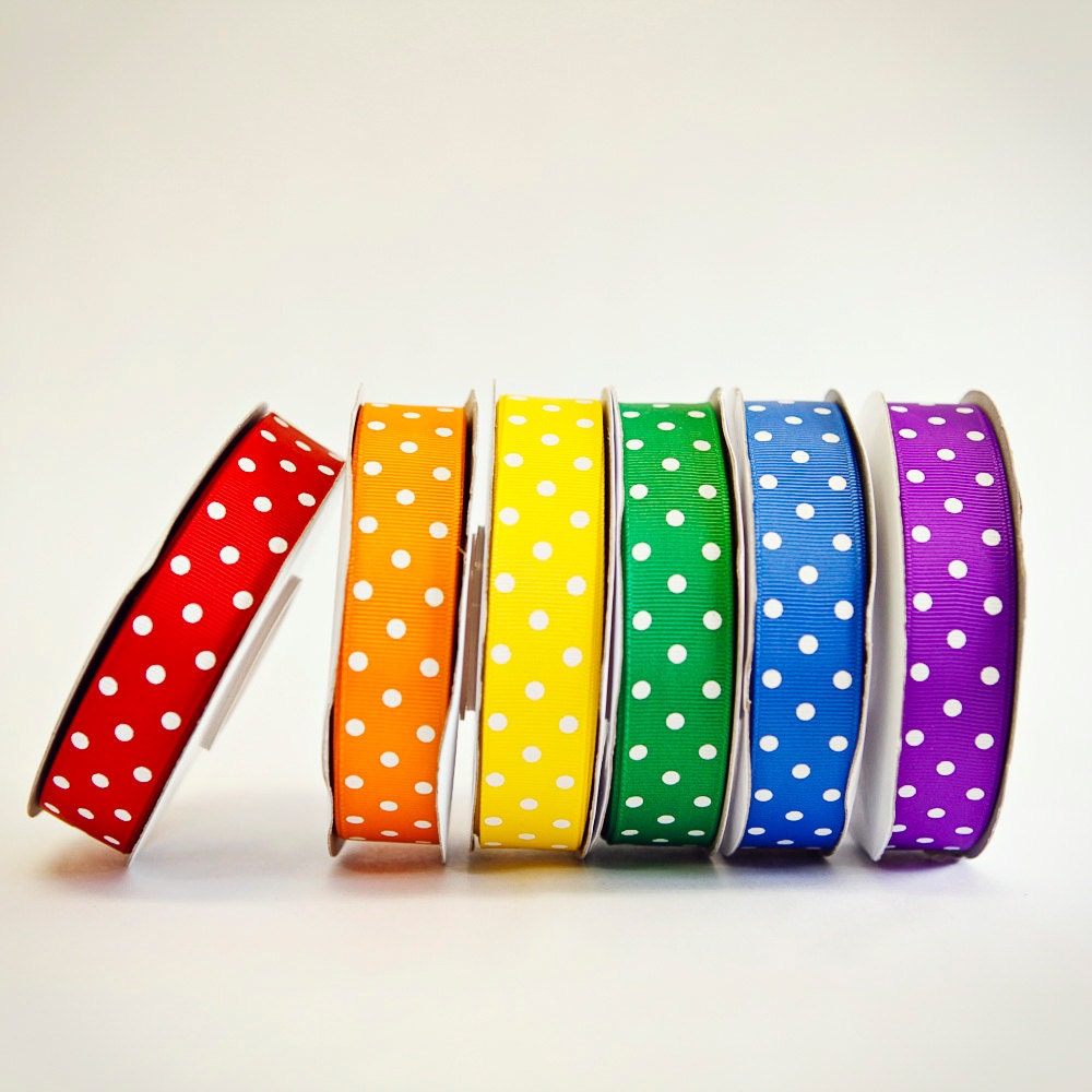 Polka Dot Grosgrain Ribbon, 6 colors, 7/8ths, 6 full spools, 25 yards each, 150 total yards
