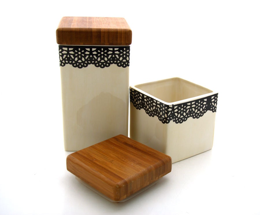 Lace Canisters for Kitchen with wood tops- set of three