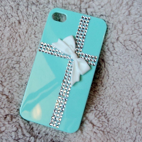 Teal Tiffany Present Style Apple Iphone 5 or 4s case, with Rhinestone Crystal Fackback