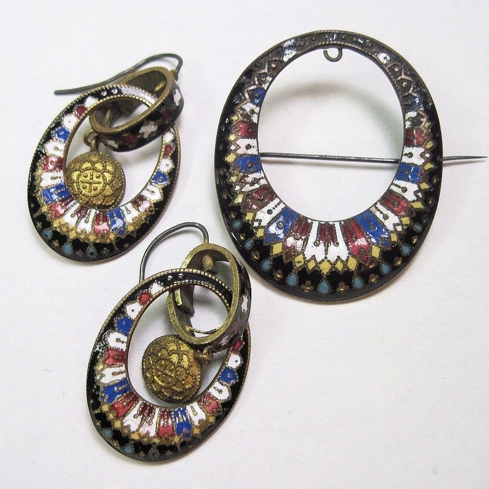 Antique Victorian Earrings Brooch Set -Enameled - Stripes - Demi Parure - Multi Colored - Boho -1870s