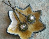 Antiqued Brass and Swarovski Crystal Hairpins in Clear Olive Green and Clear Crystal