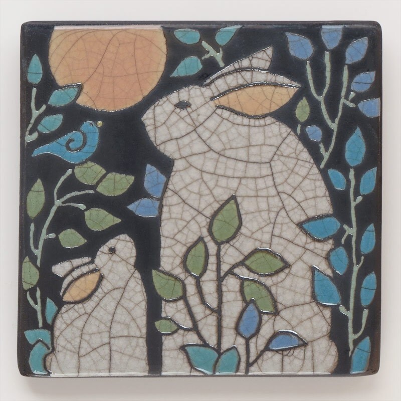 Rabbit, Bunny, Mama and Baby,6x6 raku fired art tile,handmade ceramic tile, home decor
