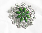 Vintage Green and Silvertone Flower Brooch with Rhinestones