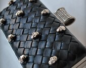 Clearance Clutch, Purse, Bag, Leather Italian Black Lambskin, intrecciato, Luxury, SKULL VENETO TianaCHE